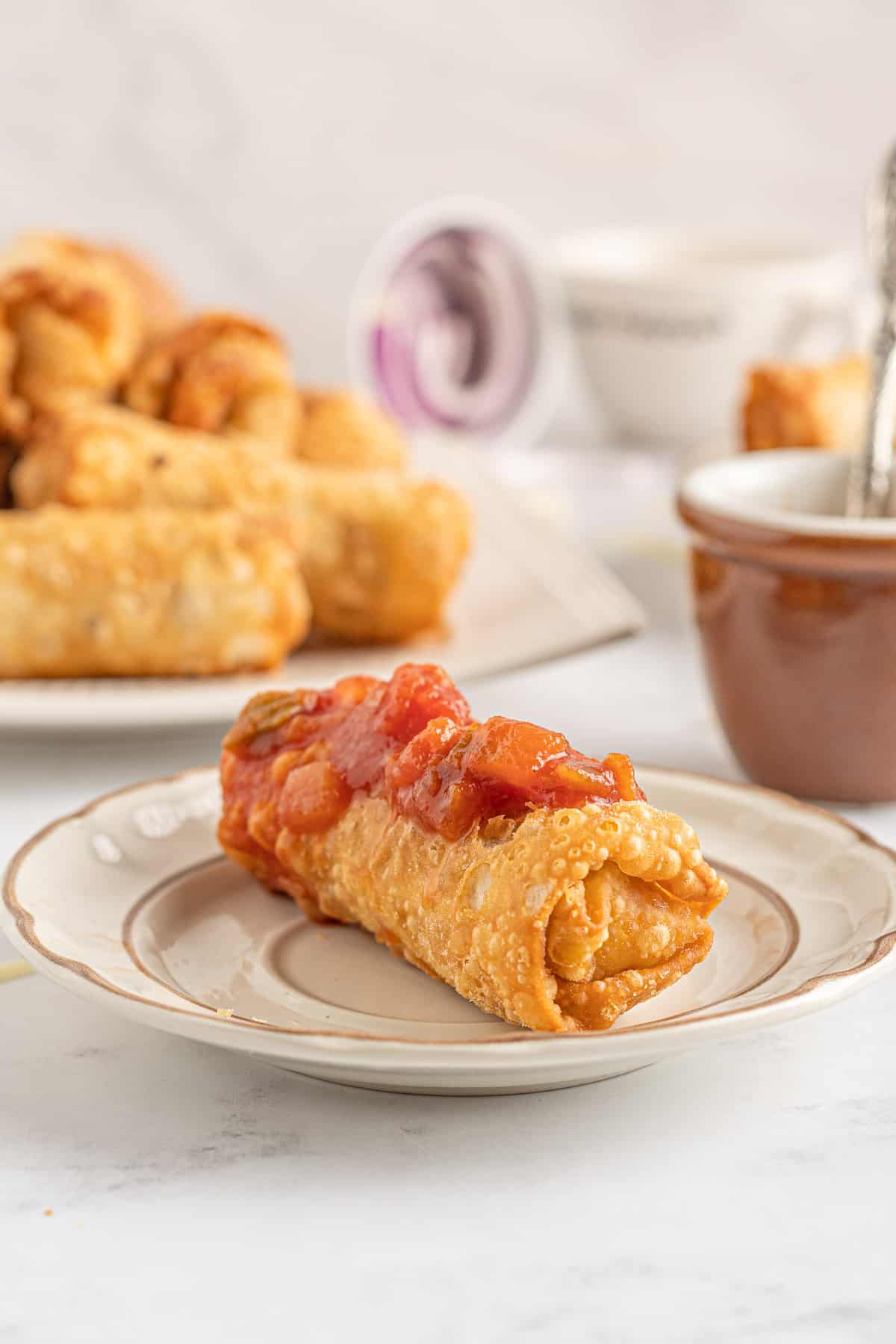 Rouleau de printemps garni de salsa.