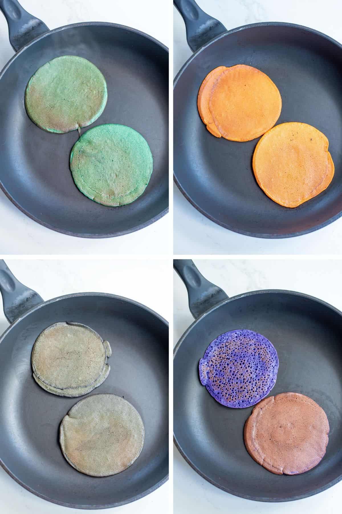 Quatre couleurs différentes de pancakes dans une poêle noire.