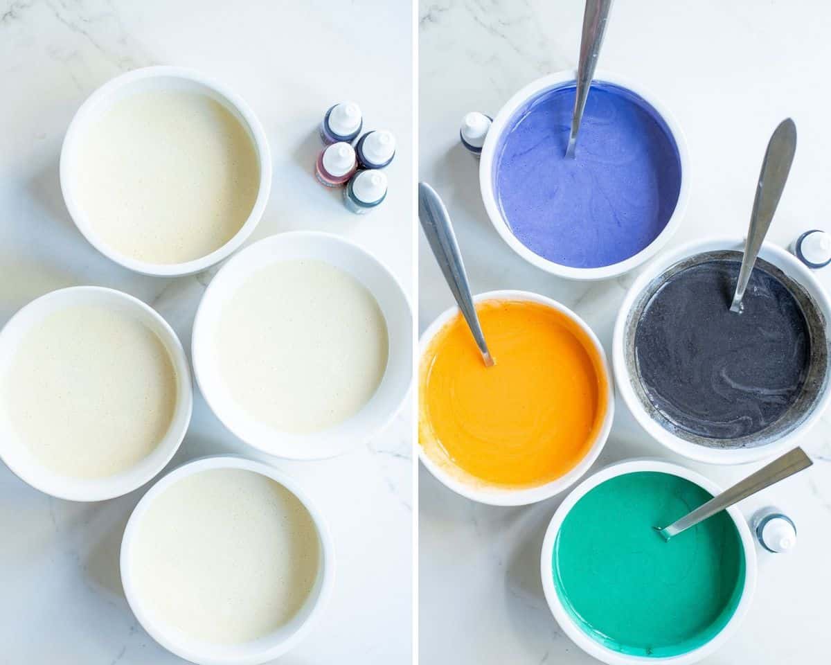 4 bols de pâte à pancakes avant et après l'ajout de couleur.