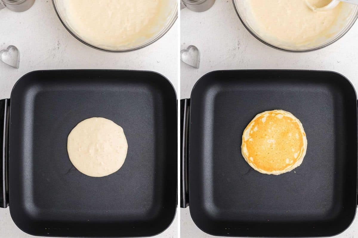 Pancake non cuit à gauche, pancake cuit à droite.
