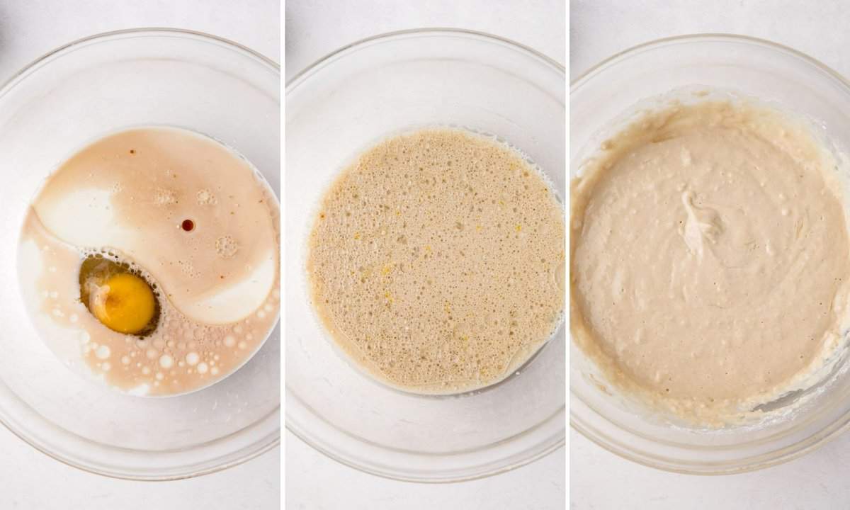 Trois étapes pour préparer la pâte à pancakes au sucre brun.