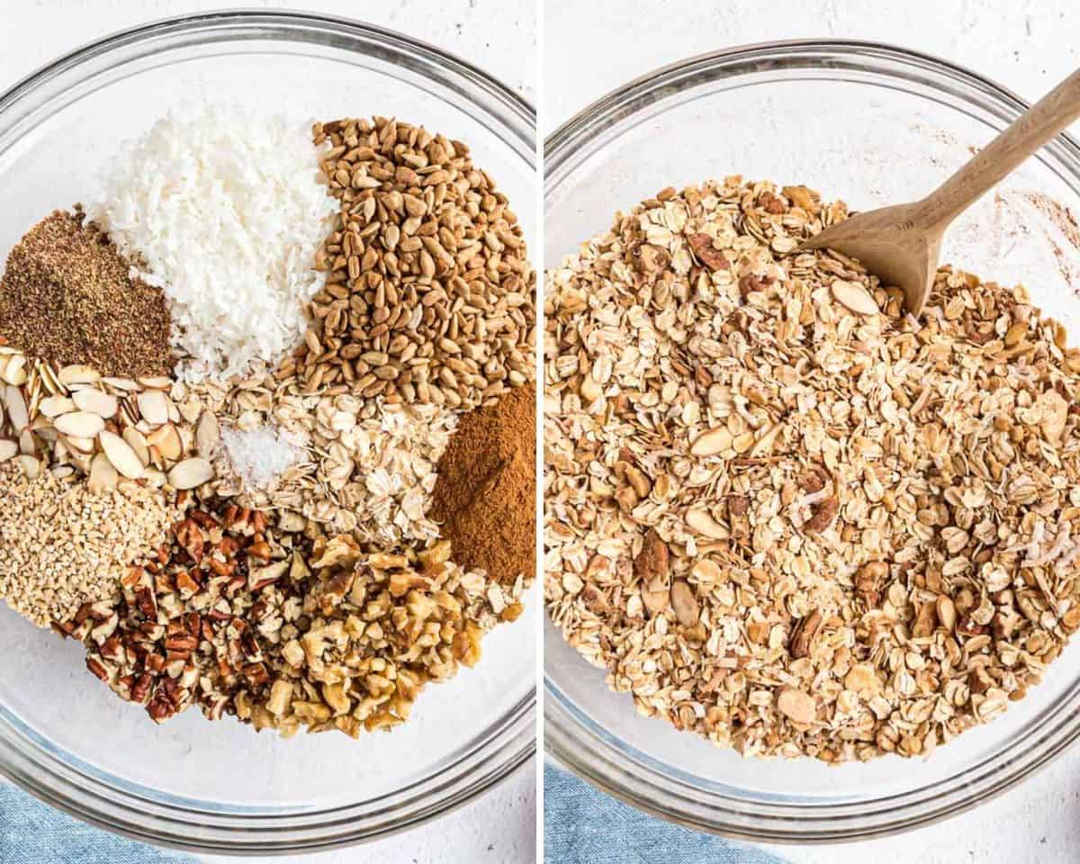 Ingrédients du granola avant et après mélange.
