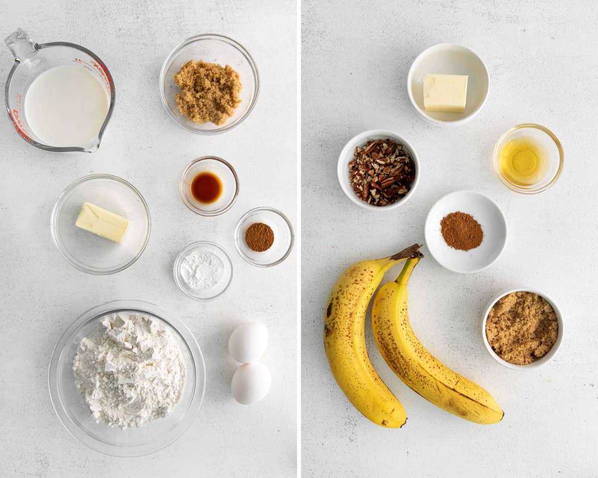 Ingrédients nécessaires pour les gaufres et la sauce Bananas Foster.