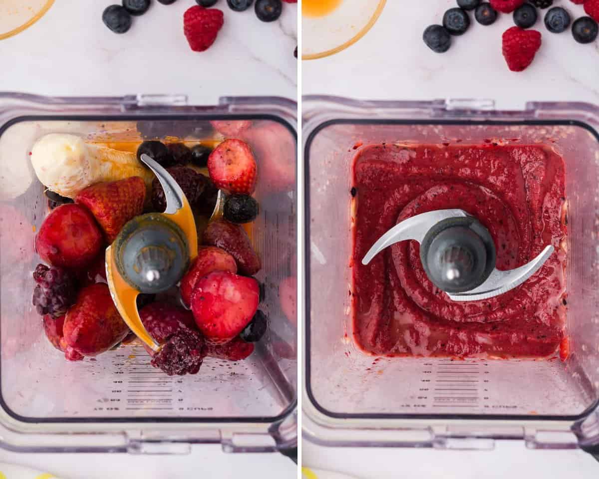 Bol de smoothie aux baies avant et après mixage.