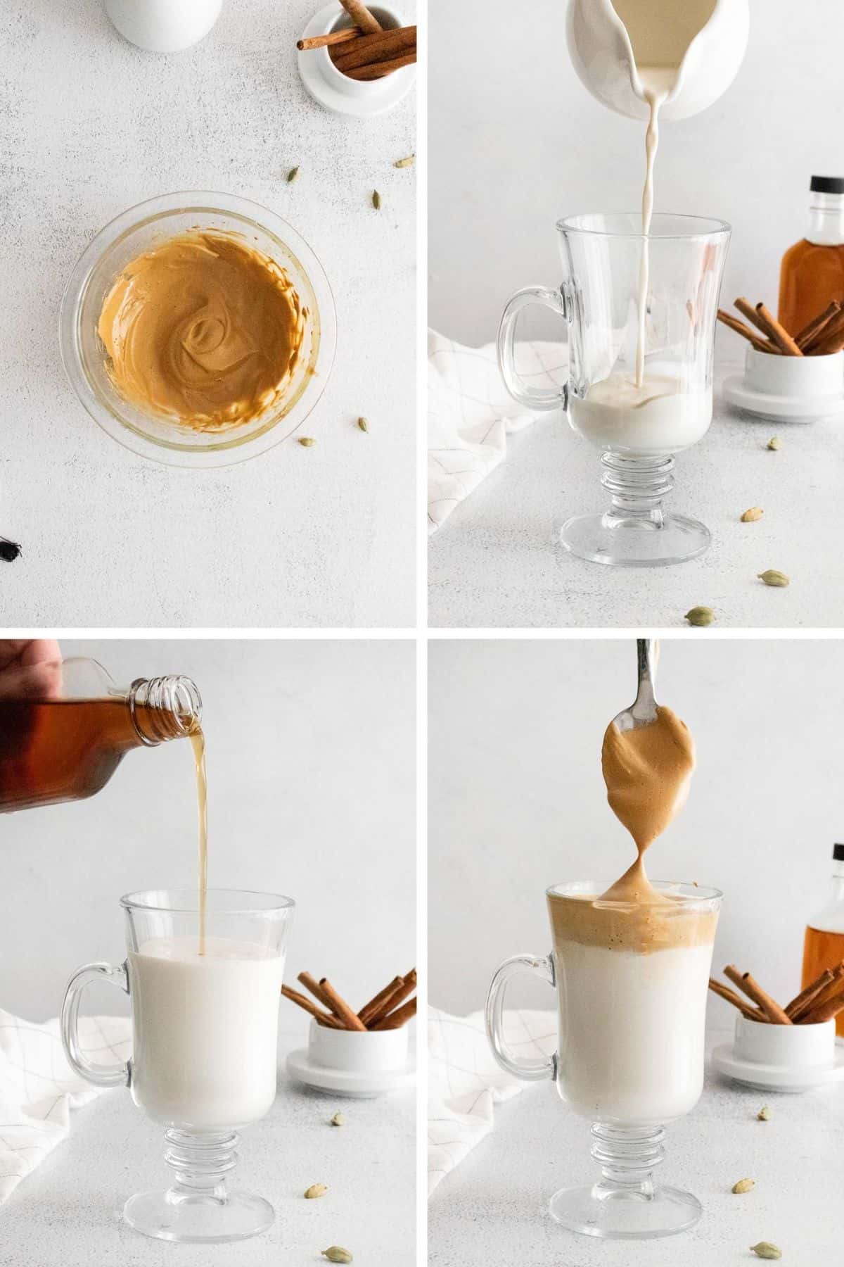 Quatre images montrant le processus de préparation du café dalgona.