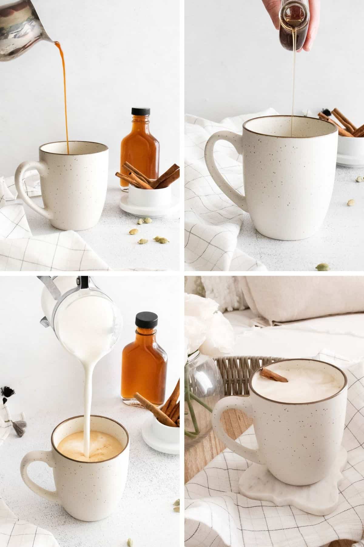 Quatre images montrant un latte préparé avec du sirop maison.
