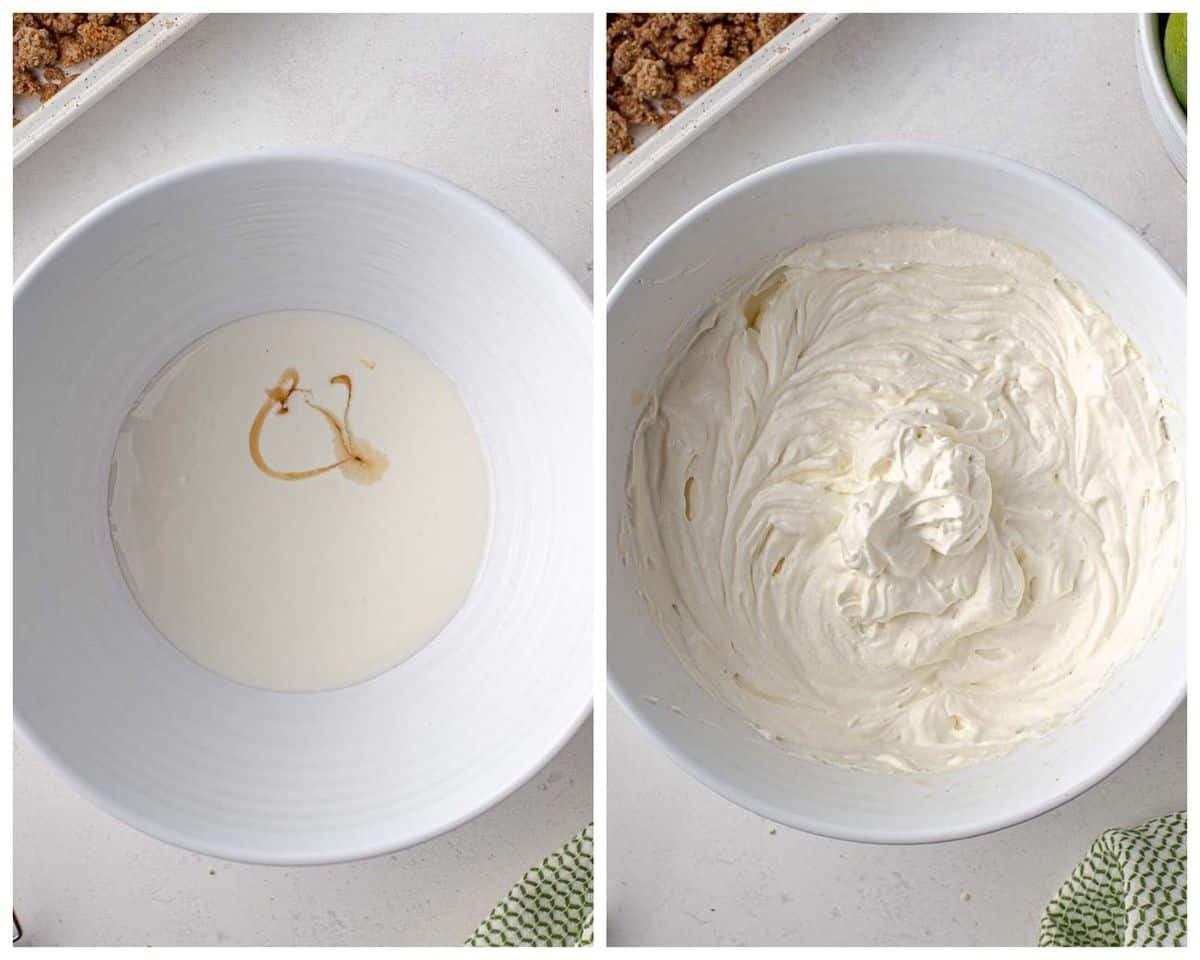 Crème fouettée avant et après avoir été fouettée.