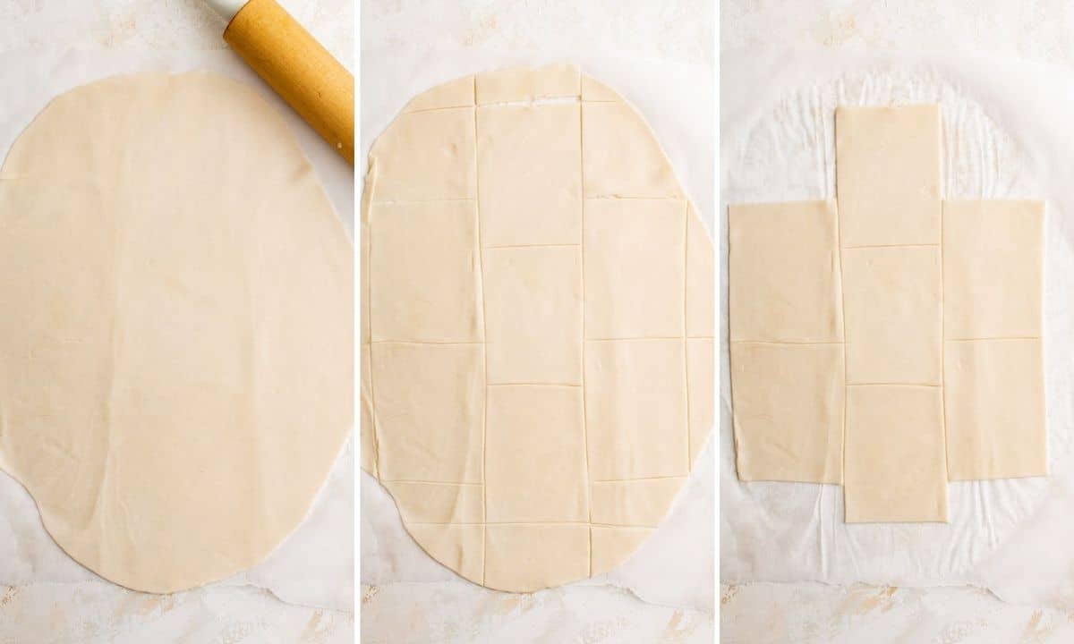 Pâte à tarte découpée en rectangles.
