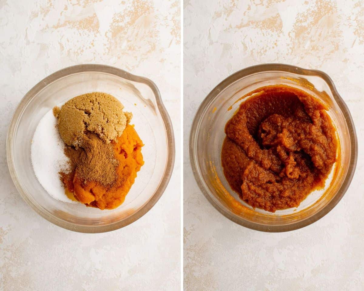 Ingrédients de la garniture avant et après le mélange.
